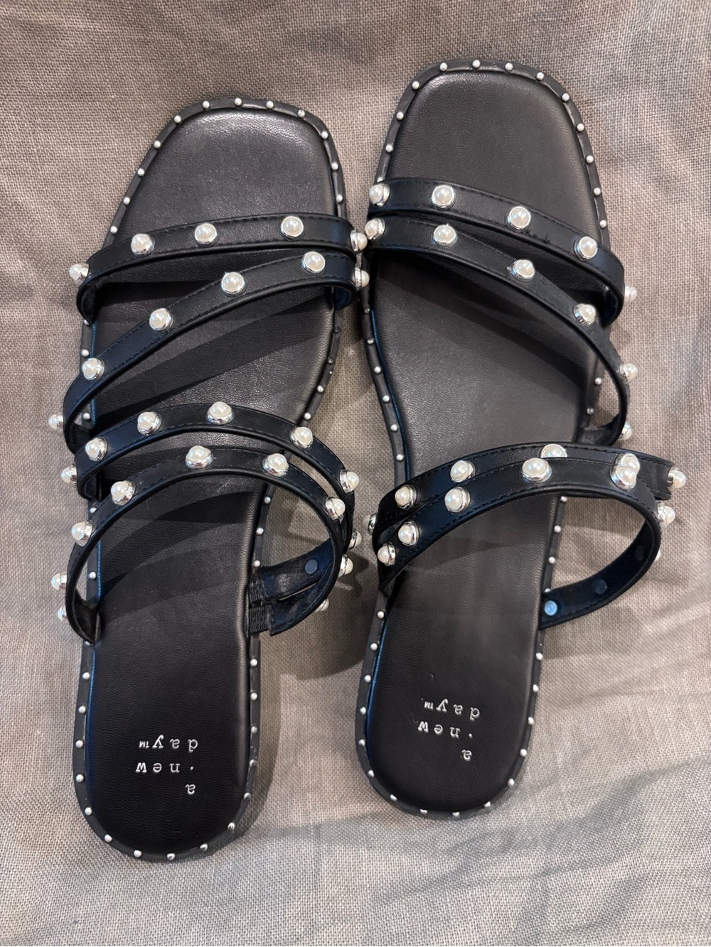 Pearl-Stud Black Strappy Slide Sandals